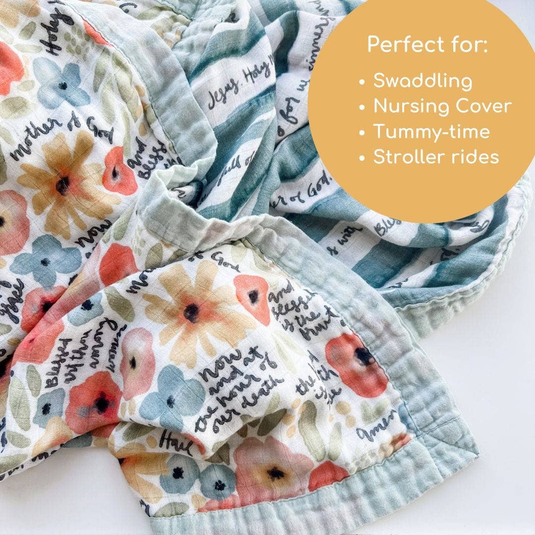 The Little Rose Shop - Wholesale Bedding Blanket - Kids & Baby - Watercolor Hail Mary Luxury Double Sided Muslin Catholic Blanket1