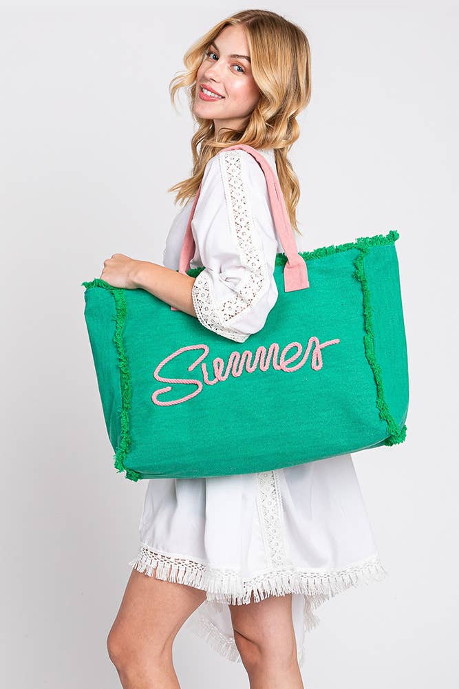 Hana – Saco de praia por atacado – Bolsa de lona amarela com franjas, corda costurada e palavra 'Summer'4