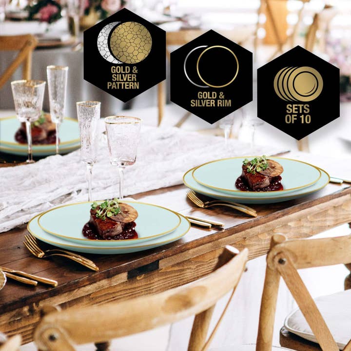 Luxe Party - Wholesale Dinner Plate - Round Mint • Gold Plastic Plates | 10 Pack