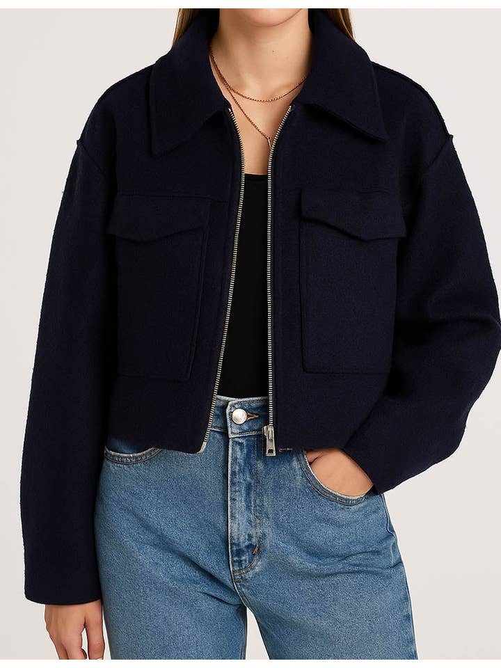Sweetkama - Wholesale Jacket - Women's - Ladies Turn Down Collar Boxy Cropped Wool Blend Jacket6