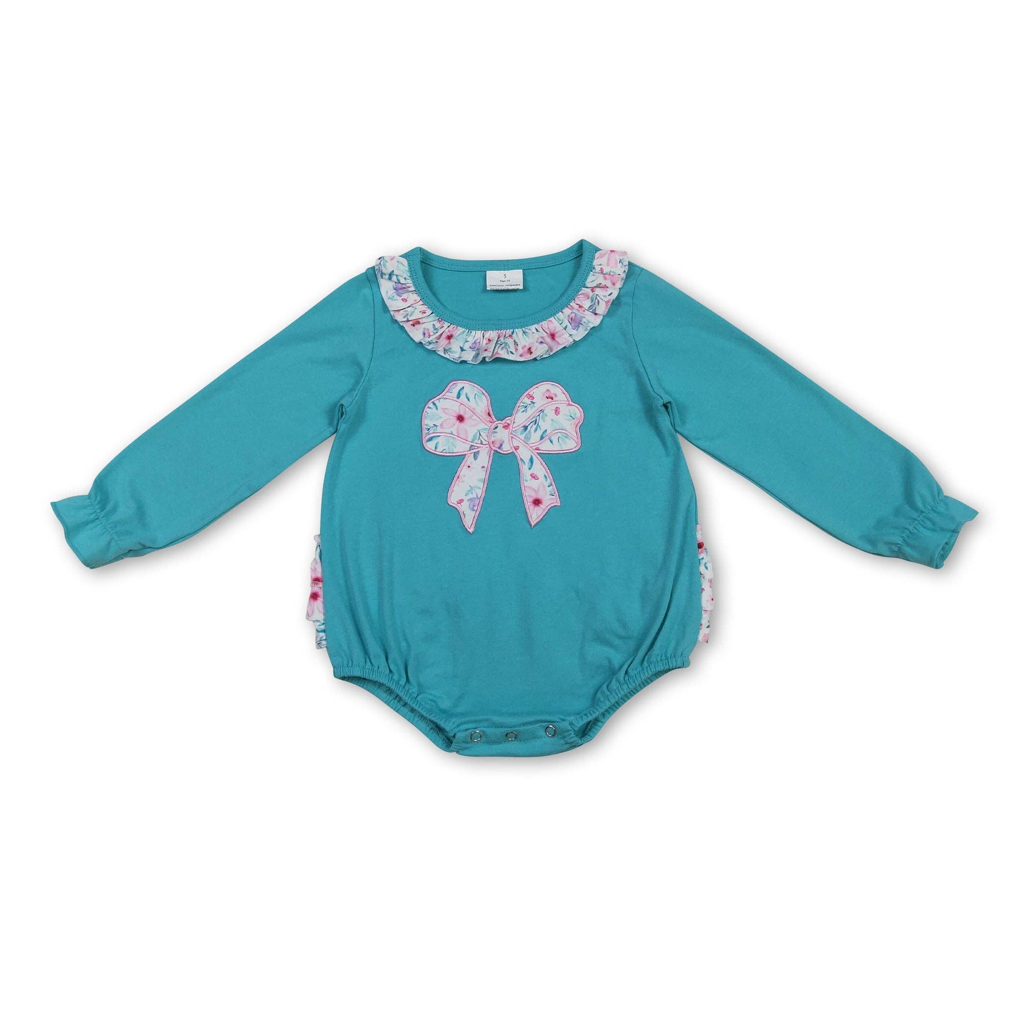 Yawoo Garments - Wholesale Bodysuit (Non-Footed) - Baby - Long sleeves floral bow ruffle baby girls fall romper