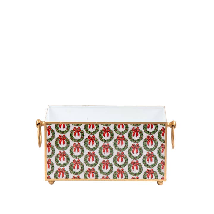 Holly Wreath Bow Enameled Rectangular Cachepot Planter 6x12 for wholesale by Jaye's Studio