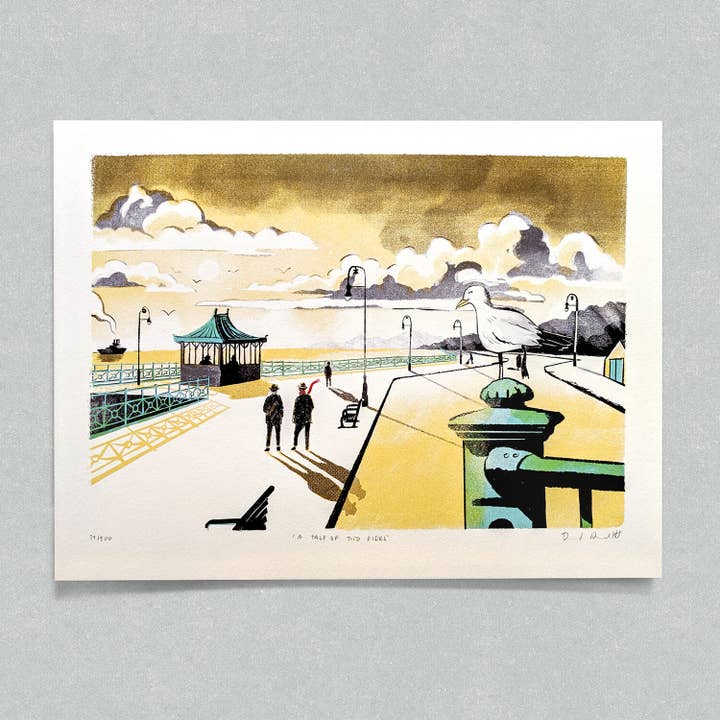 Seaside Town Seagull Två personer Pier Clouds Båt i Avstånd för wholesale av Haskett Prints