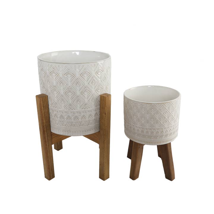 Set of 2 10' & 8" Illuminati Ceramic Planter on Wood Stand for wholesale by Flora Bunda Inc