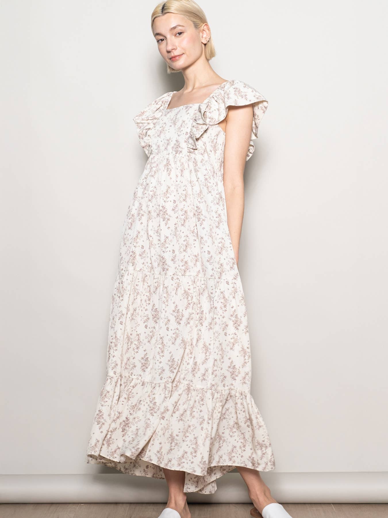 Elloh Collection - Wholesale Dress - Women's - On Off Shoulder Ruffle Sleeve Wide Flare Tiered Maxi Dress9