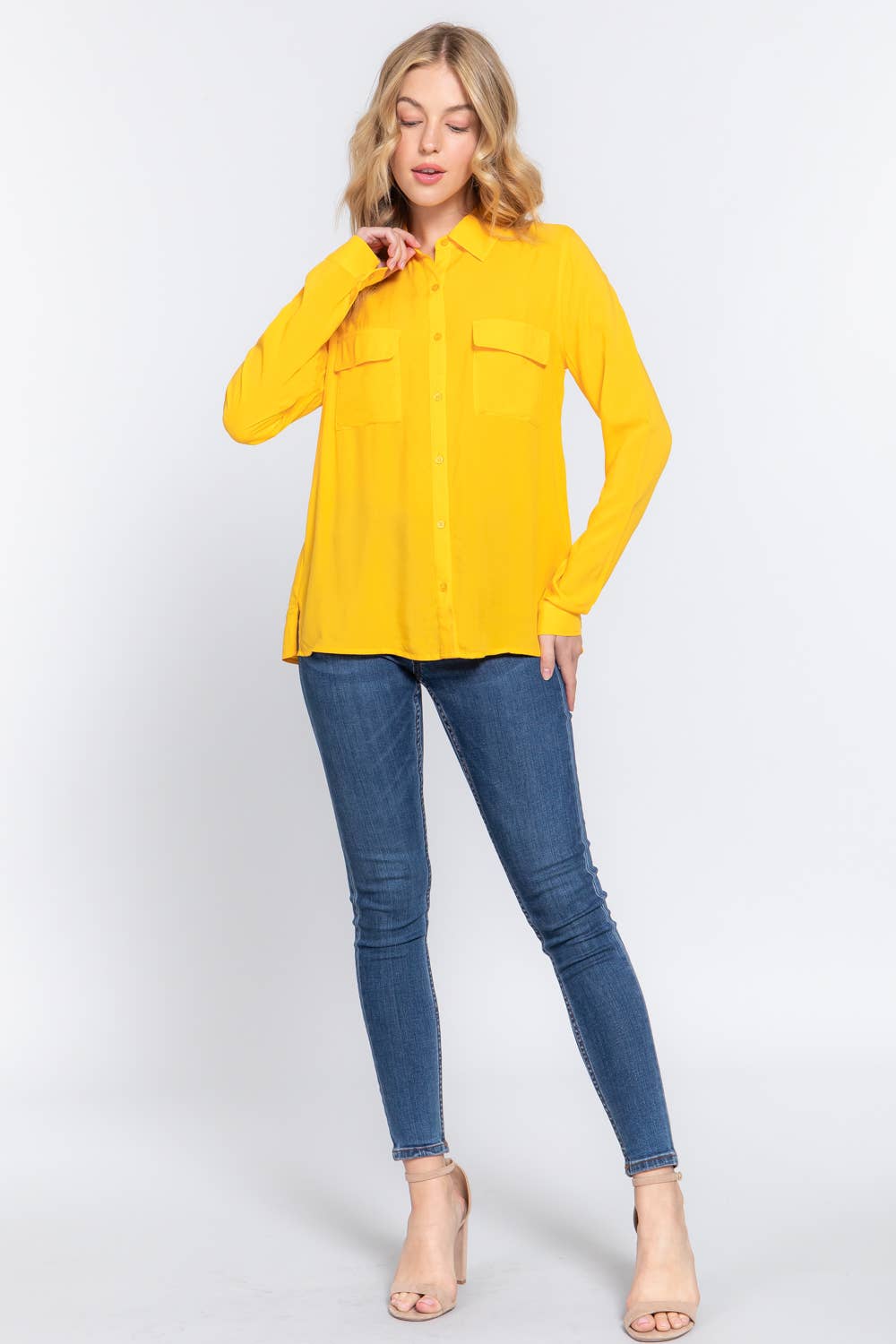 Active Basic | Active USA – wholesale Buttoned-down shirt – Women's – Long Sleeve Front Pocket Woven Shirt 10