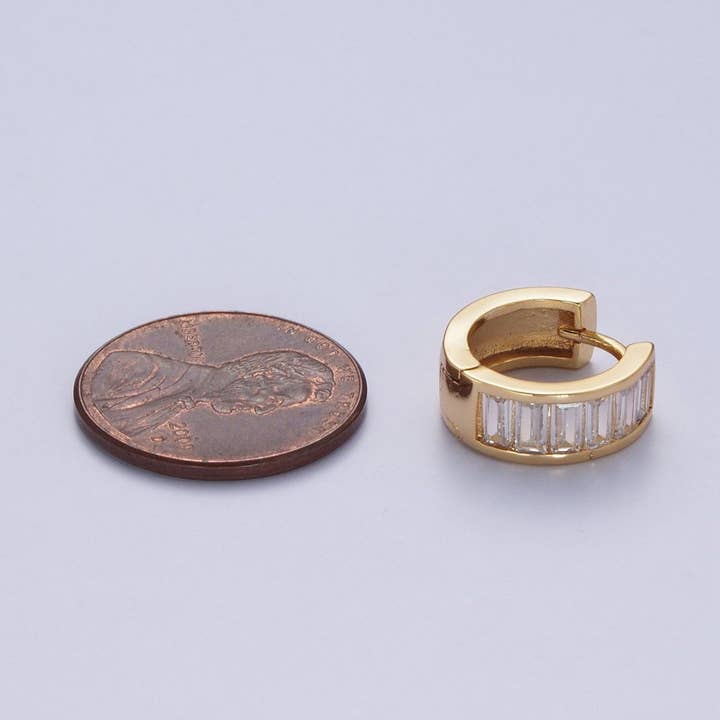Aim Eternal - Wholesale Huggie Earrings - 24K Gold Filled Clear Baguette Cubic Zirconia Simple Minimalist Small Hoops Gold Huggies Earrings Q-149 AD-4812