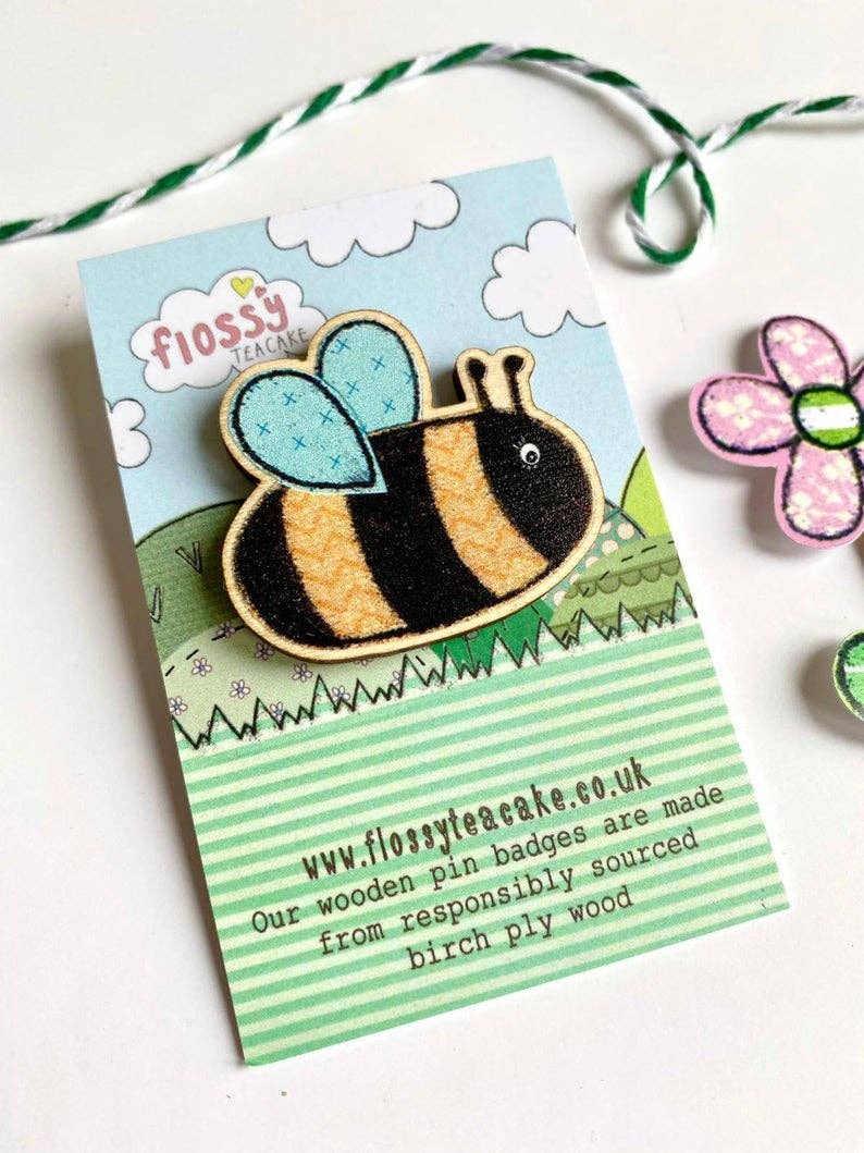 Flossy Teacake - Wholesale Brooch - Bee Wooden Pin Badge1