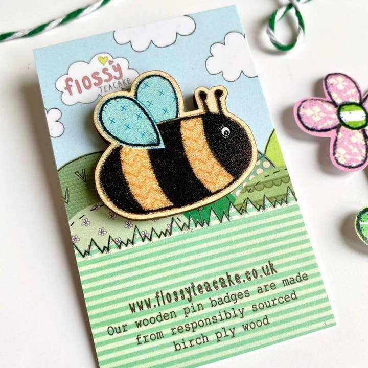 Flossy Teacake - Wholesale Brooch - Bee Wooden Pin Badge1