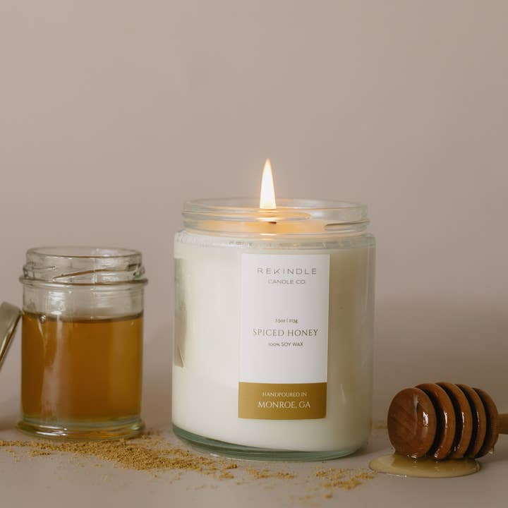 Rekindle Candle Co - Wholesale Jar/Filled Candle - Spiced Honey Soy Candle with Cotton Wick