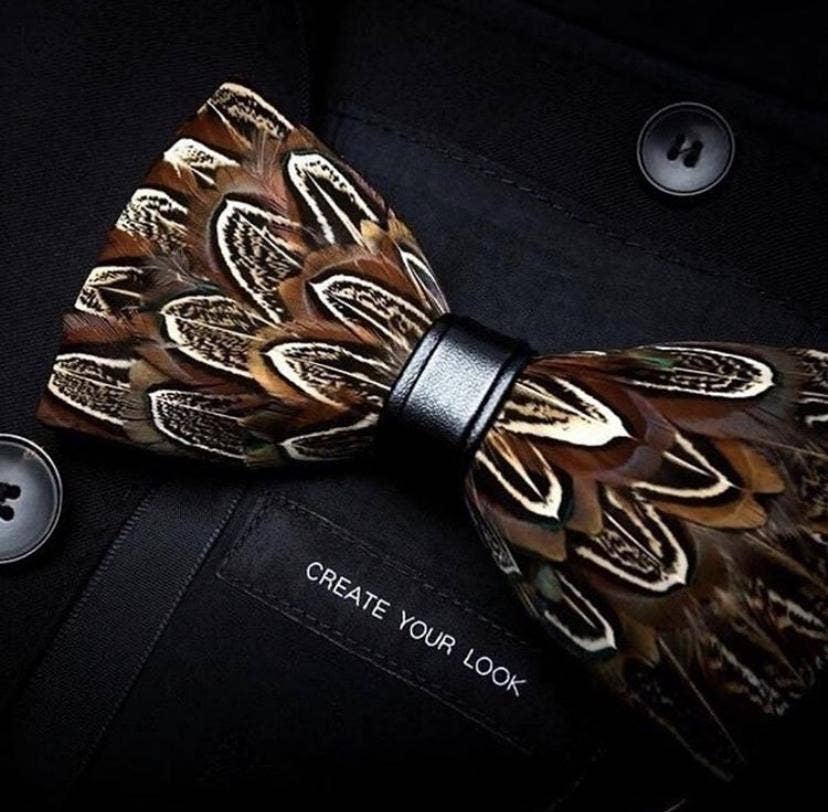 TYED BY DEDE - Wholesale Bow Tie - Men's - Handmade Brown Feather Bow Tie W/free Lapel Pin Set1