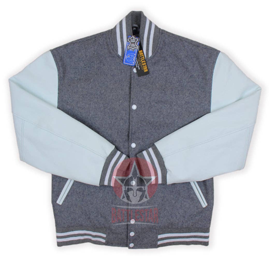 Eastworth Industries - Wholesale Varsity/Baseball Jacket - Men's - Gray Wool white Leather Sleeves Varsity Jacket0