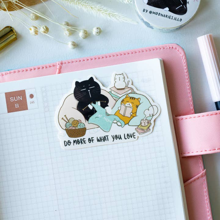 Moonaries illo - Wholesale Sticker - "Do more of what you love" black cat and tabby cat sticker1
