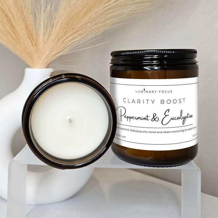 Eucalyptus & Peppermint Candle– 8oz Amber, Refreshing Breeze for wholesale by Luminary Focus