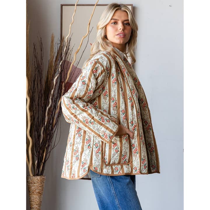 Veveret - Wholesale Jacket - Women's - Quilted Stripe Flower Open Jacket