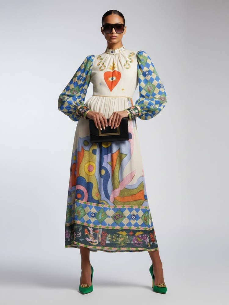 printing Maxi Dress New Collection BYMANYC ® New York • Mystical Illustration & Harlequin Sleeves for wholesale on Faire1