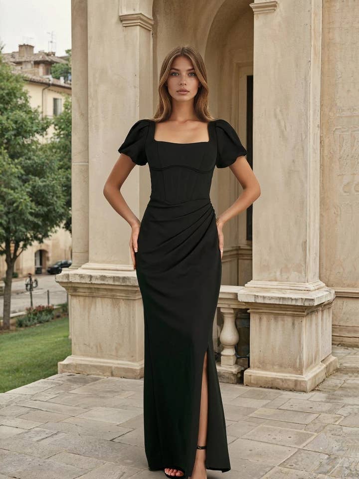 Long Corset Formal Dress Puff Sleeves for wholesale by Kos Couture