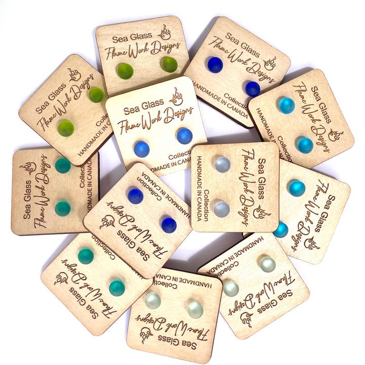 12 Pairs (Ocean Colours) Sea Glass Studs Collection 10% OFF for wholesale by Flame Work Designs - Glass Jewelry