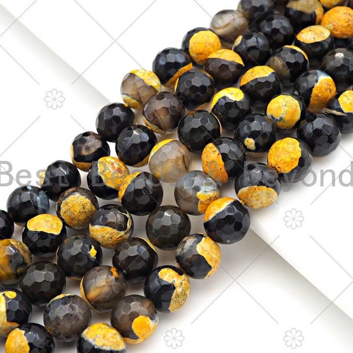 Natural Yellow Fire Agate Round Faceted Beads, 8mm/10mm Yellow Fire Agate, Natural Agate, 15.5" Full Strand, Sku#U1051 for wholesale by BestBeads&Beyond