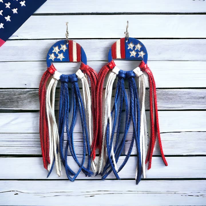 Patriotic Stamped Fringe Earrings for wholesale by Bushleys Beauties, LLC