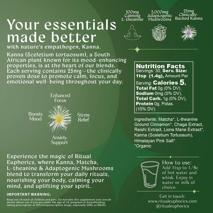 Ritual Euphorics - Wholesale Beverage Mix - 30 Servings of Kanna Mushroom Matcha Latte2