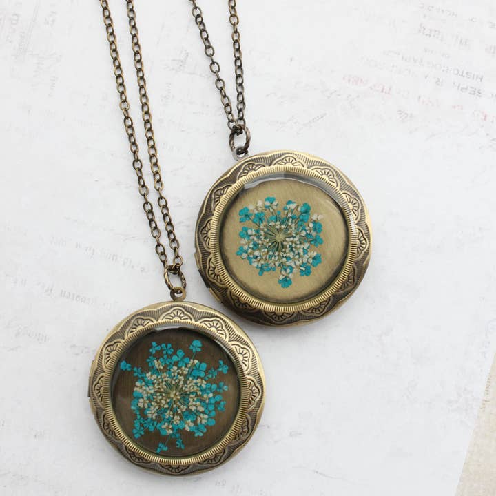 A Pocket of Posies - Wholesale Locket Necklace - Queen Annes Lace Floral Locket Necklace - Teal/Ivory3
