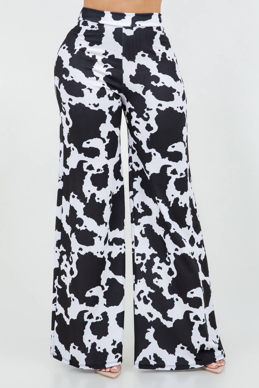 BLACK WHITE B11401 TECHNO CREPE COW PRINT PANTS WITH BACK METAL ZIPPER for wholesale on Faire