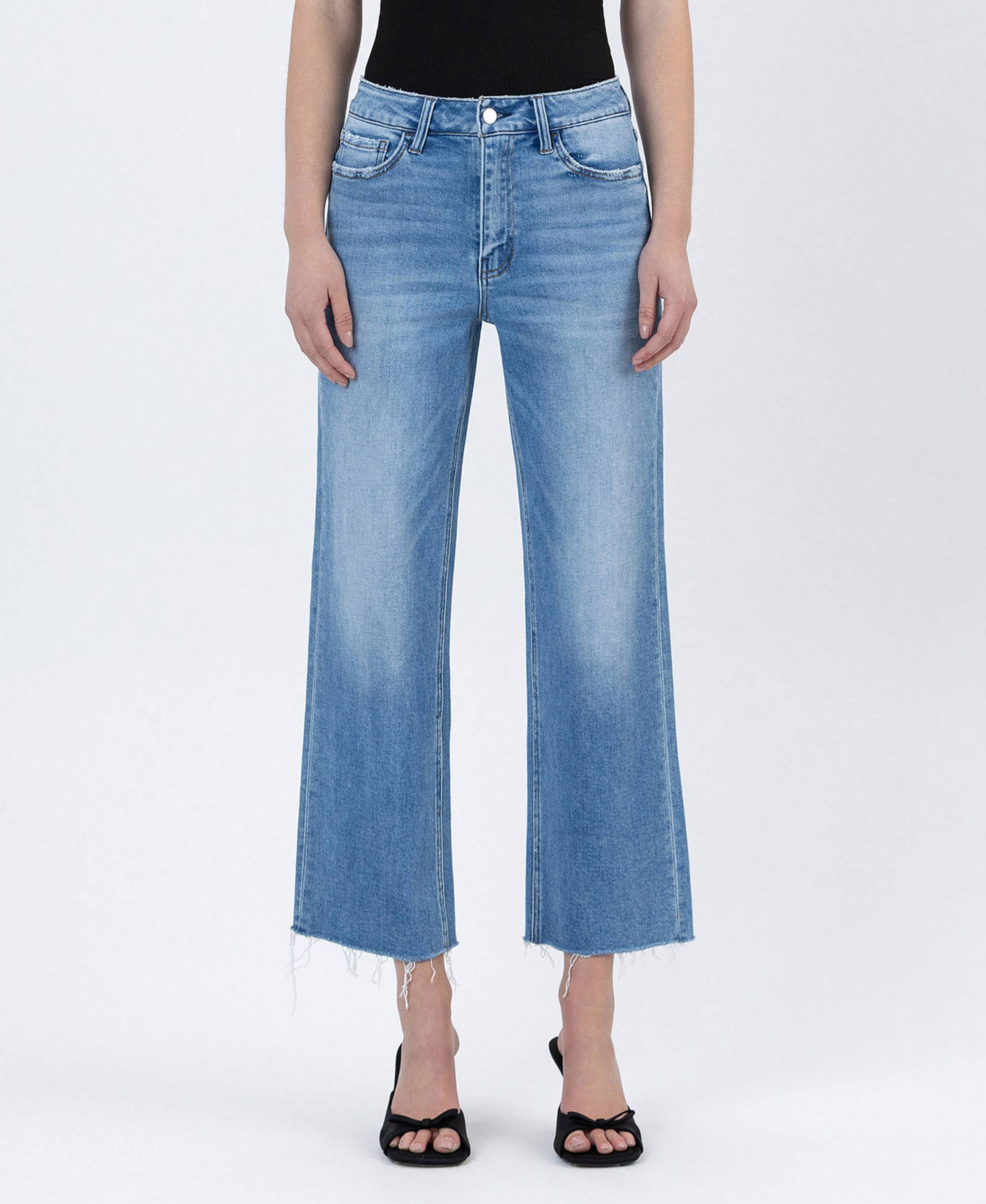 WELL BALANCED HIGH RISE RAW HEM CROP SLIM WIDE JEANS F6086 for wholesale on Faire0