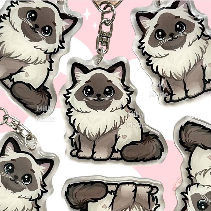 Blue Point Ragdoll Himalayan Cat Acrylic Keychain with Epoxy Resin | Easy-Clip, Cute Cat Cartoon, Hand-Drawn Design, Cat Lover Gift for wholesale by Milly Made Designs