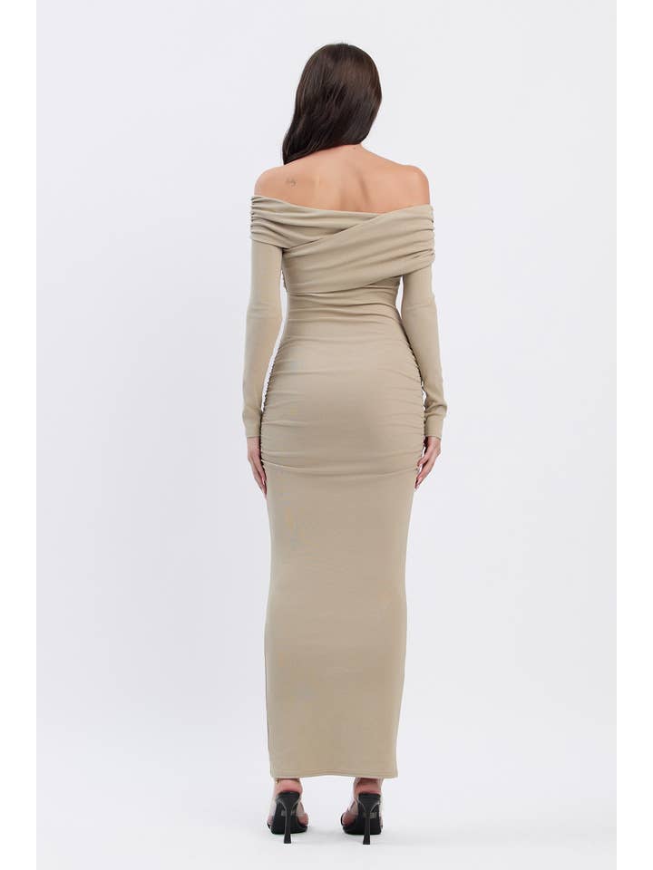 No Vacancy - Wholesale Dress - Women's - Ruched long sleeve bardot neckline maxi dress