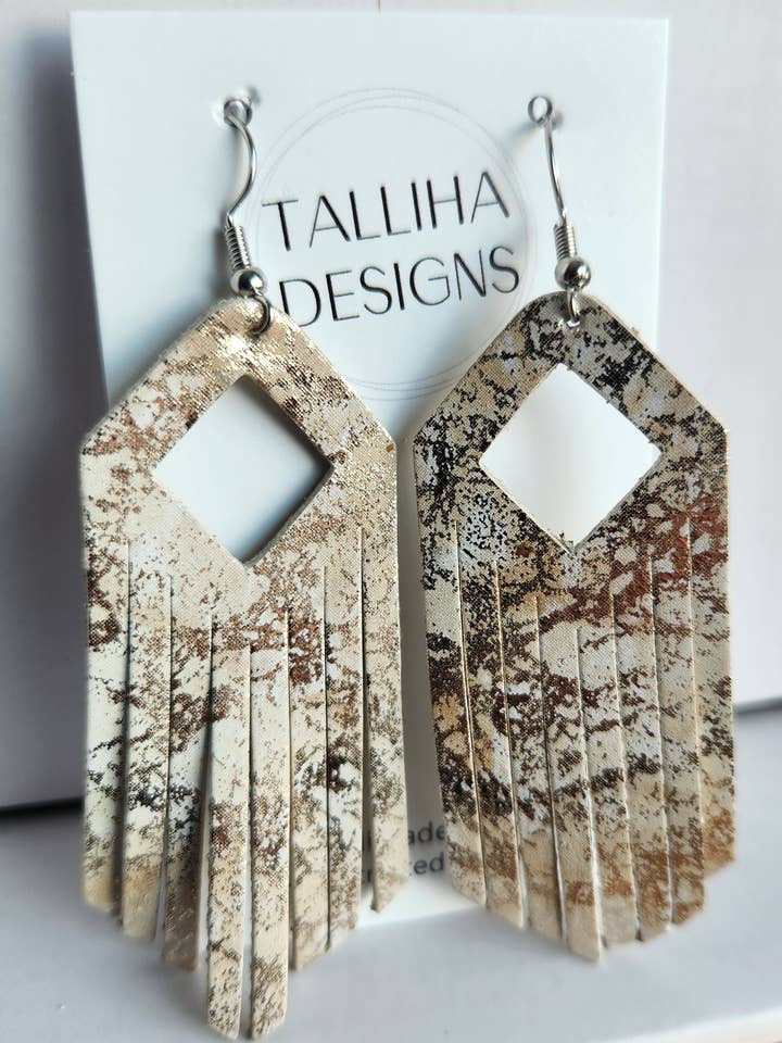 Beige & Gold Western Boho Genuine Leather Fringe Earrings for wholesale by Talliha Designs