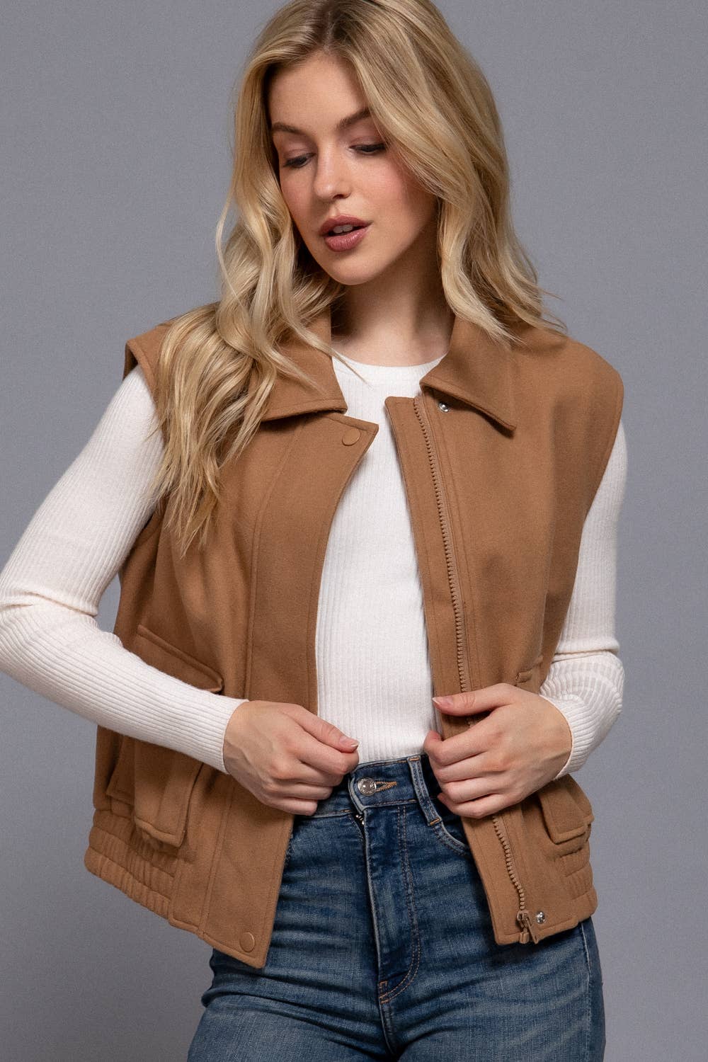 Active Basic | Active USA - Wholesale Outerwear Vest - Women's - Notched Collar Soft Felt Zip Up Vest10