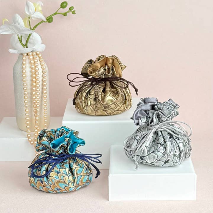 Small Feather Brocade Jewelry Pouch for wholesale by Cathayana