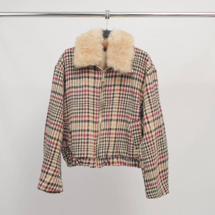 Beige houndstooth jacket with removable faux fur collar TDM70025-3 for wholesale by Cecile Wang