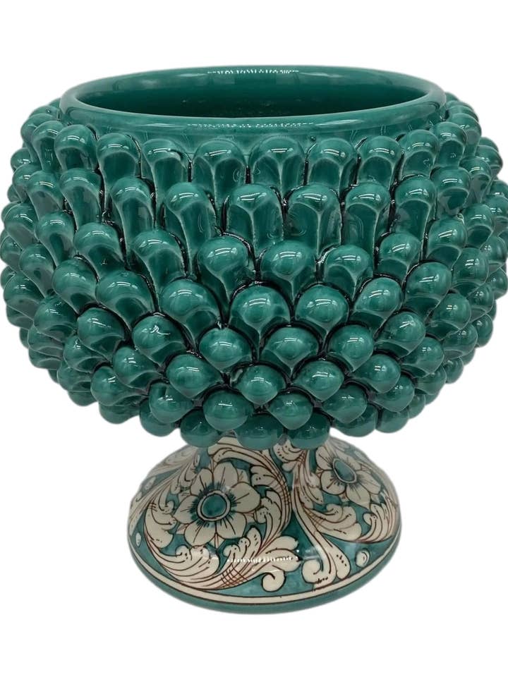 Caltagirone Ceramic Half Pine Cone Planter cm H.20 L.20 Handcrafted Crystal Green Decorated Base for wholesale by DD Ceramiche Siciliane