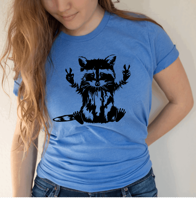 Tron Tron Graphic Wear – wholesale Screen printed t-shirt – Women′s – Peace Loving Raccoon Tee 0