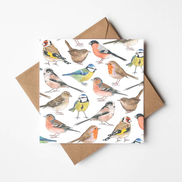 Garden Birds, Greeting card, Square (white) for wholesale by By Antonia Illustration