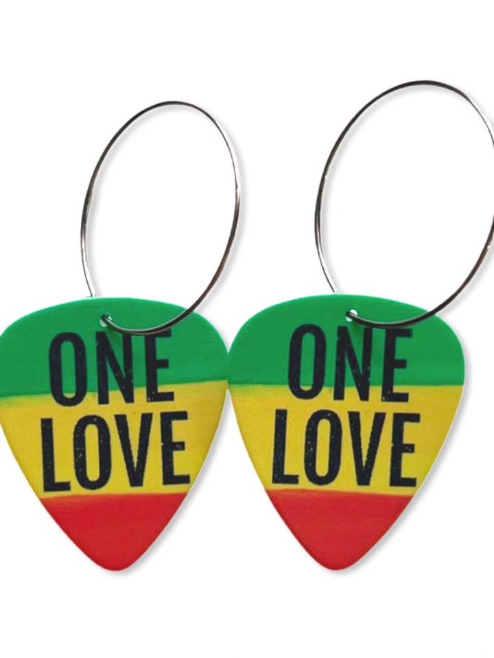 One Love Rasta Guitar Pick Hoop Earrings, Groupie Love for wholesale by Groupie Love