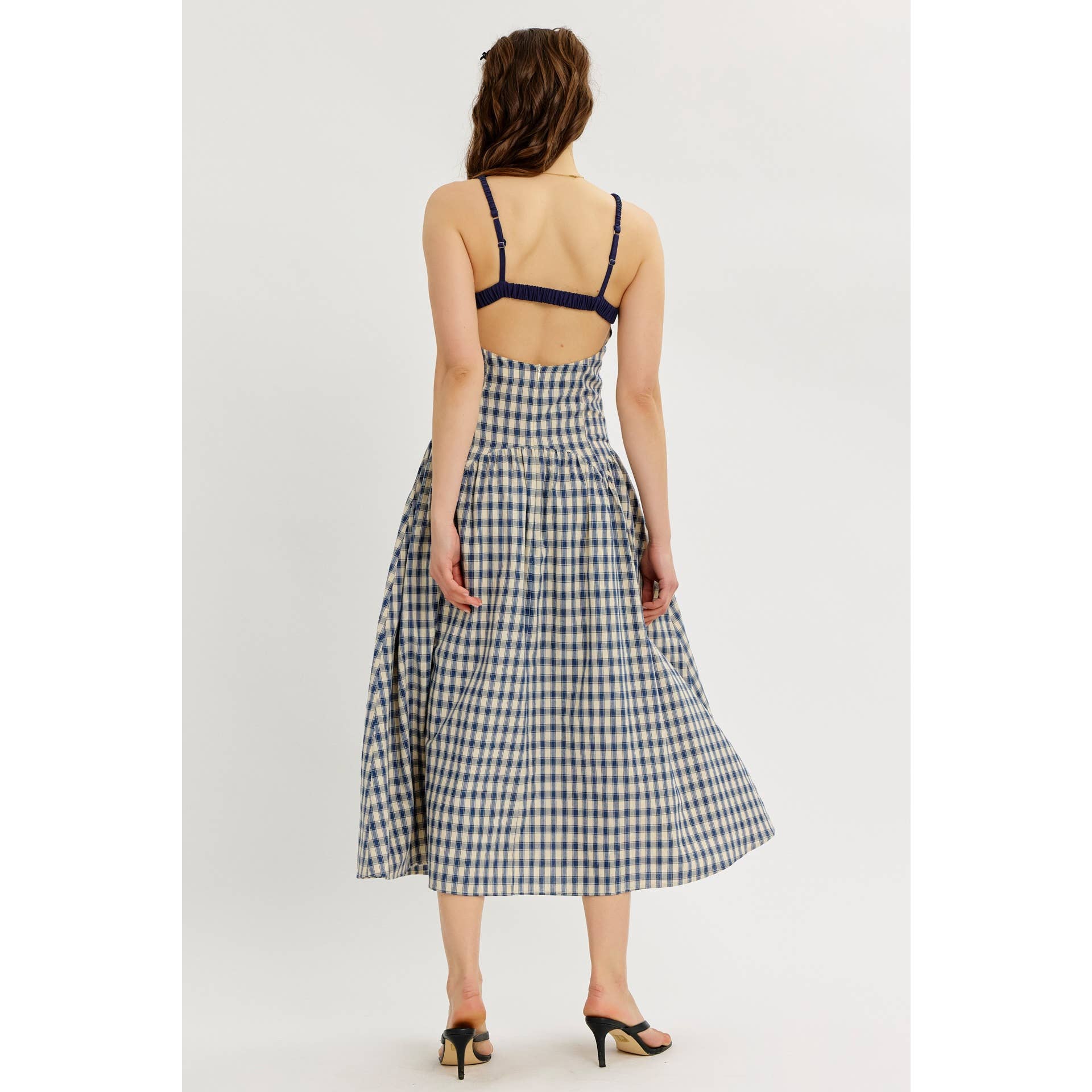 idem ditto - Wholesale Dress - Women's - PLAID MIDI DRESS WITH RUCHED BUST AND OPEN BACK4