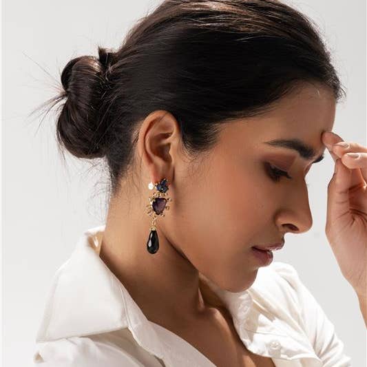 Sahi London Maroon Dangle Statement Oorbellen met Parel voor wholesale door SAHI LONDON LTD