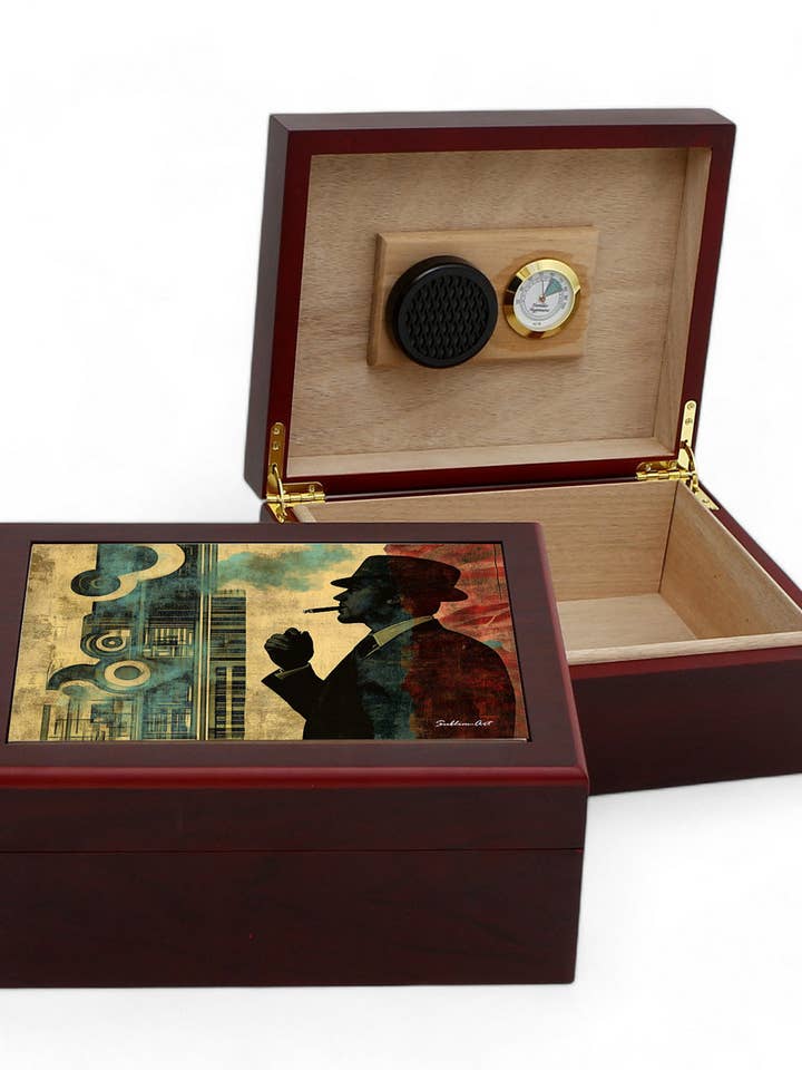 CIGAR HUMIDOR BOX: Luxury Mahogany Satin Finish fully lined in Cedar Wood - Stranger in the Night for wholesale by SublimArt