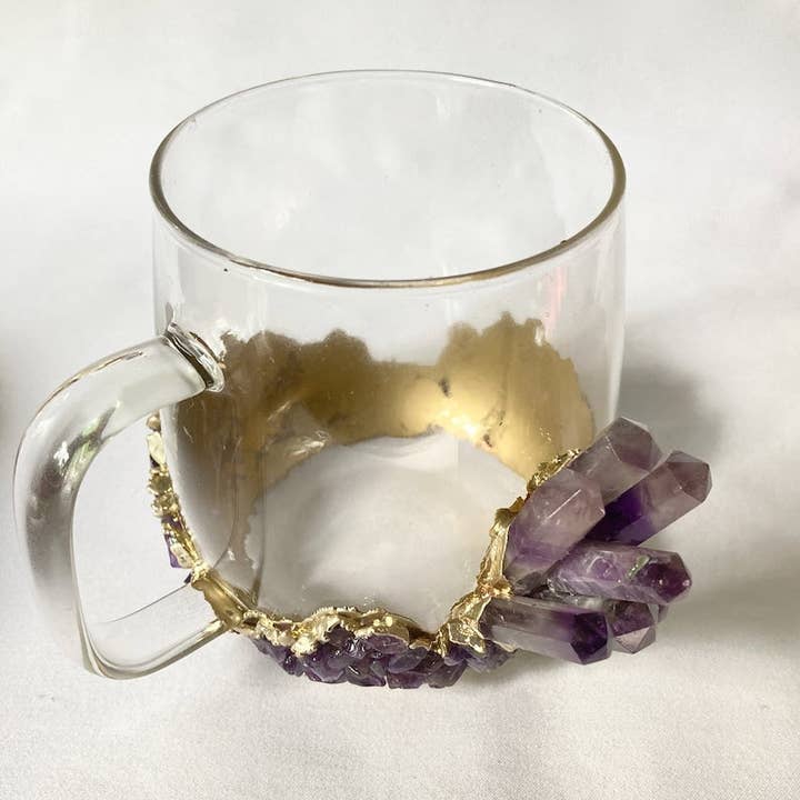 The Tangerine Store - Wholesale Coffee Mug - Set of 2 |Crystal Glass Coffee/Tea/Juice Mugs with Gold Plated Purple Amethyst Agate/Quartz Semi-precious Crystals | 17 oz/500 ml4