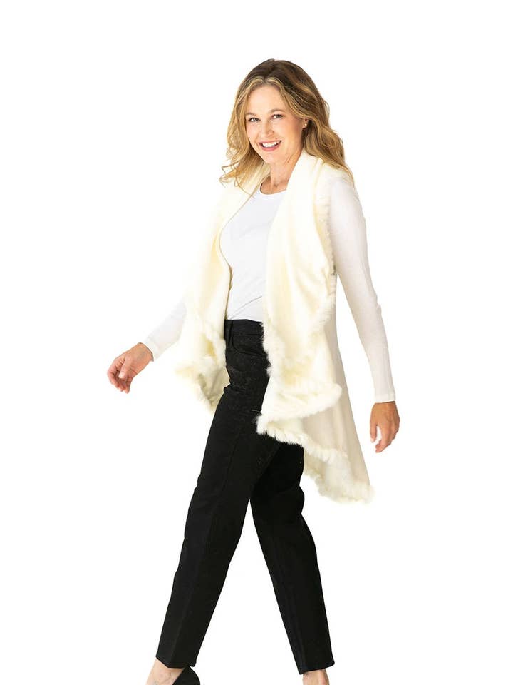4 Styles in 1 Cardigan Fur Trim Sweater Shawl Wrap in Cream for wholesale by Heidi Kagan Designs, LLC.