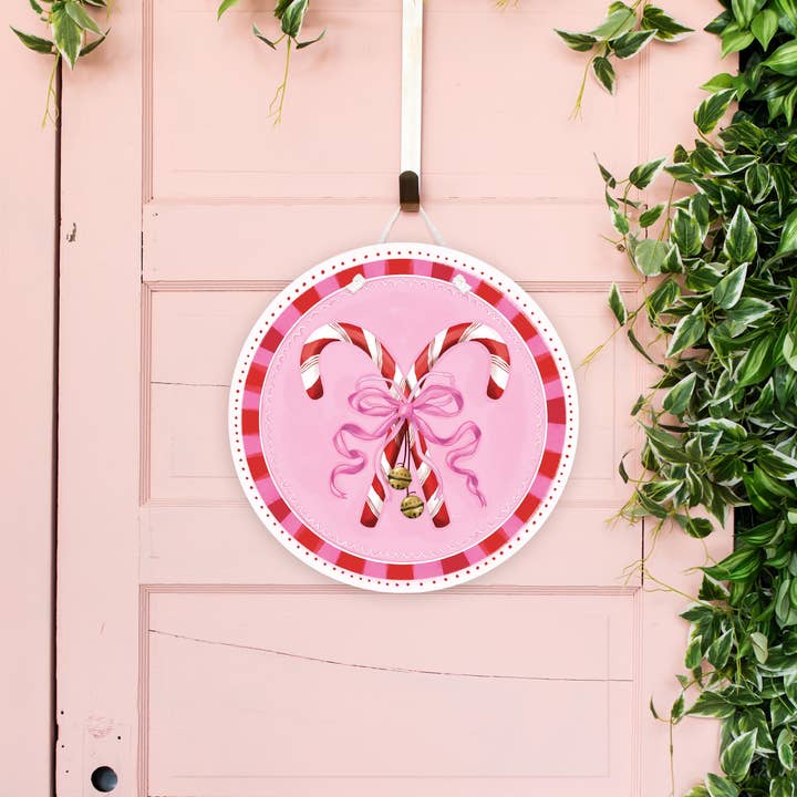 Songbird Grove Collection - Wholesale Door Hanger - Crossed Red Candy Canes with Pink Bow Door Hanger1