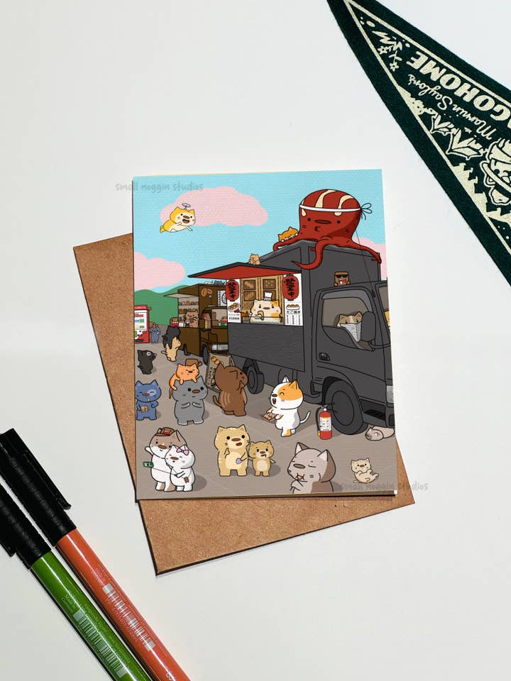 Food Mart Greeting Card, Cute Cat Art Card Japanese Inspired for wholesale by Small Noggin Studios