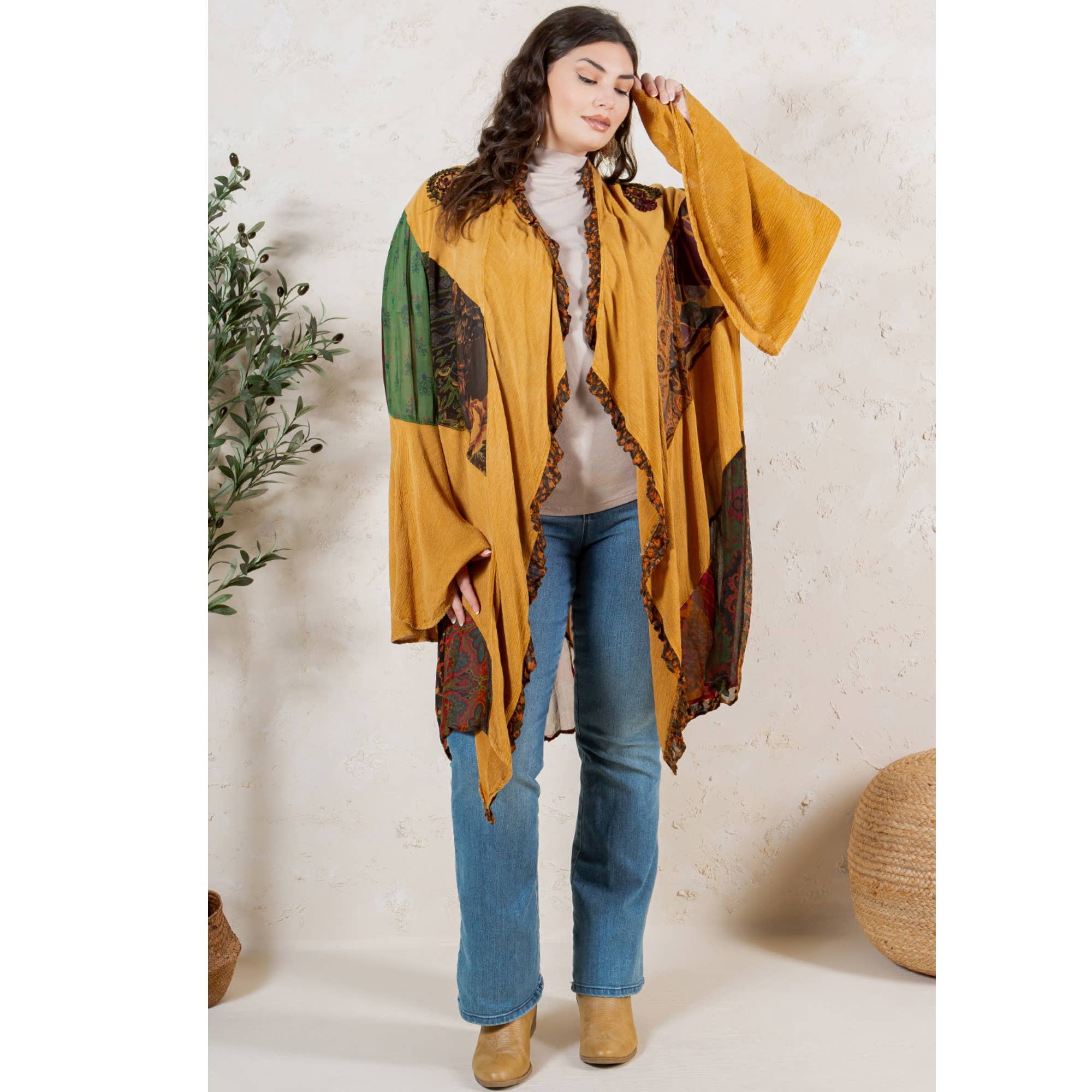 CAMEL Rustic Bohemian: Patchworked Shrug ALSO IN PLUS  for wholesale on Faire7