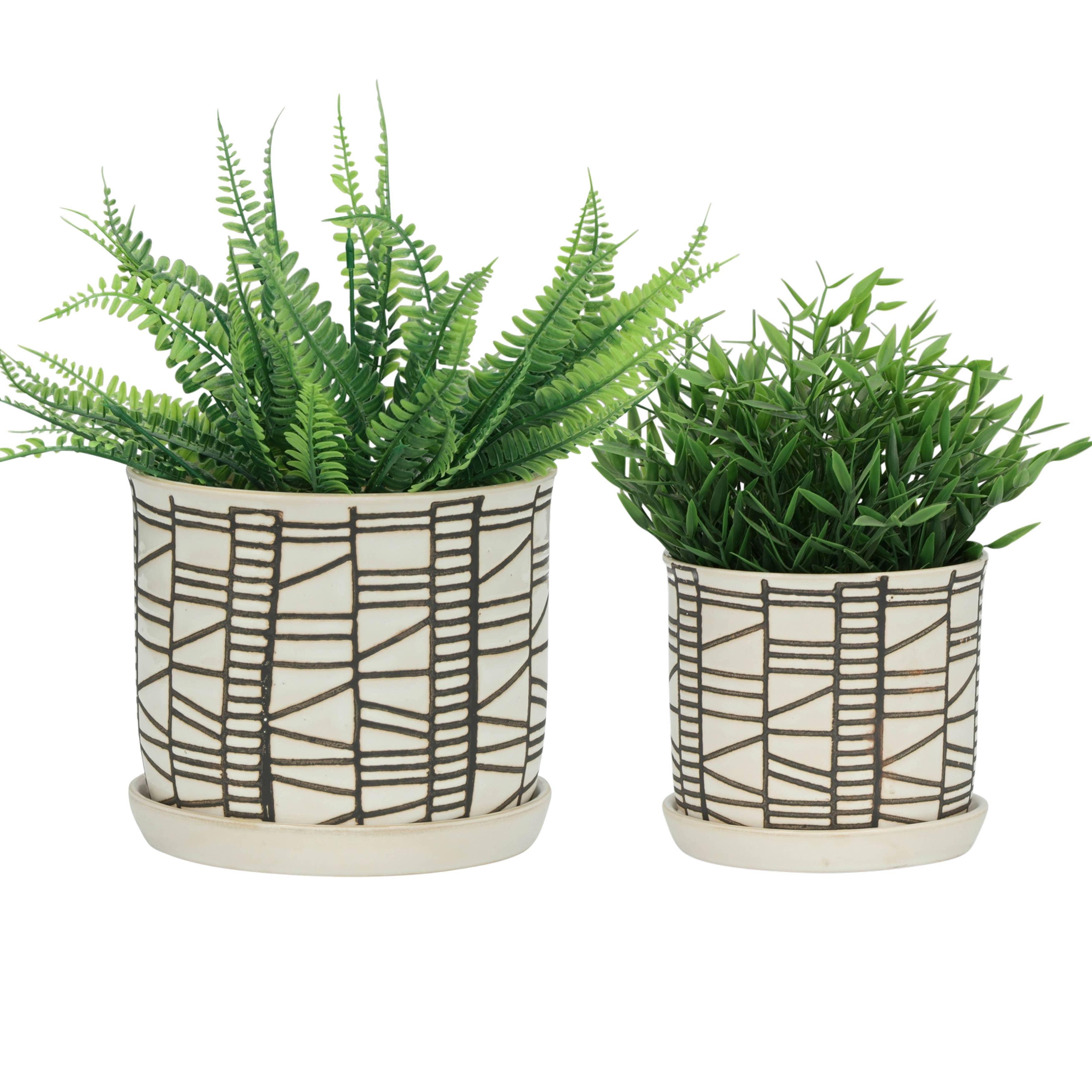 Sagebrook Home - Wholesale Plant Pot - Planters Set of 2 - Beige Ceramic Geometric Saucer, 6/8 in.6