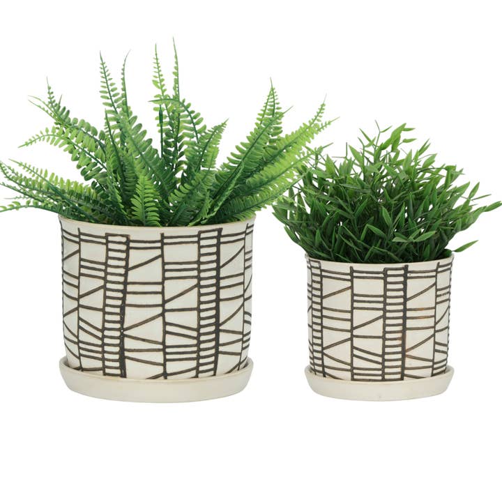 Sagebrook Home - Wholesale Plant Pot - Planters Set of 2 - Beige Ceramic Geometric Saucer, 6/8 in.6