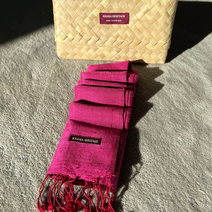 Krama Heritage - Wholesale Scarf - Women's - The Textured Fuchsia Krama in its palm leaf case - Woman4