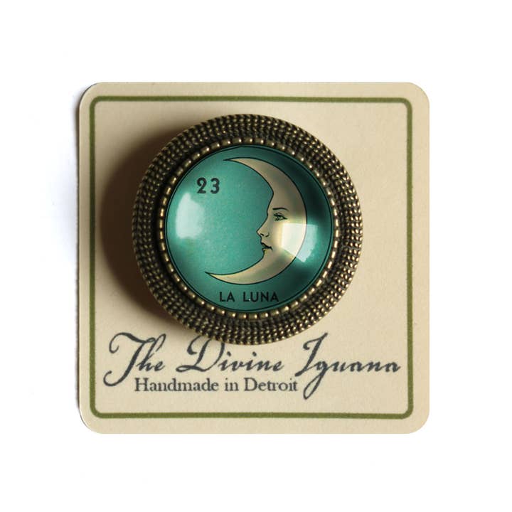 The Divine Iguana - Wholesale Brooch - Loteria La Luna Crescent Moon Glass Cabochon Brooch